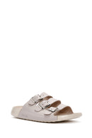 Women's Gray Buckle Leather Comfort Slippers | Derimod