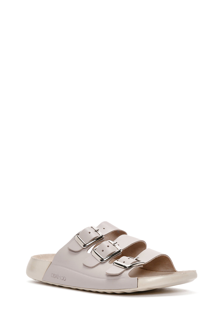 Women's Gray Buckle Leather Comfort Slippers
