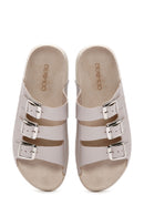 Women's Gray Buckle Leather Comfort Slippers | Derimod