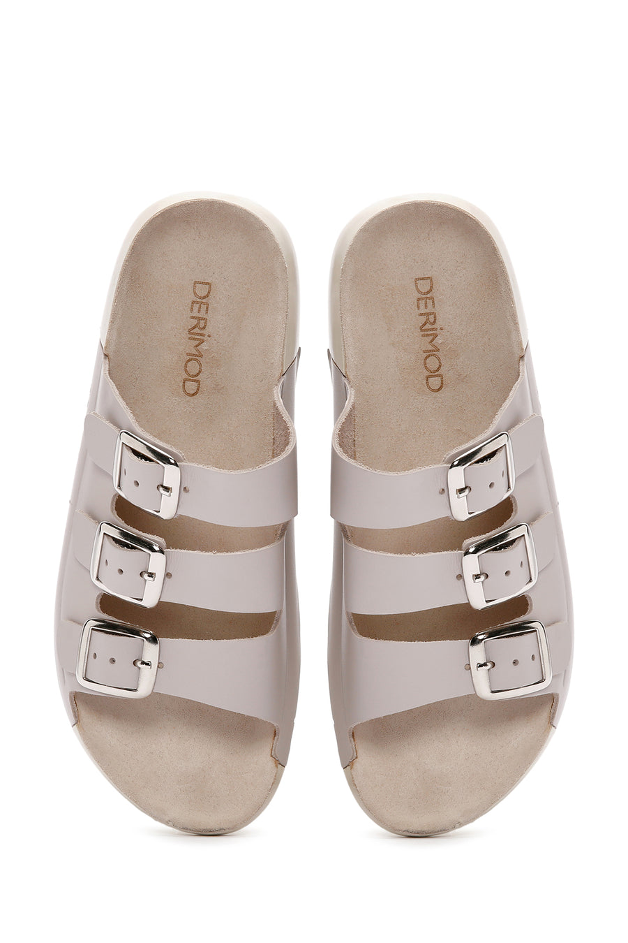 Women's Gray Buckle Leather Comfort Slippers