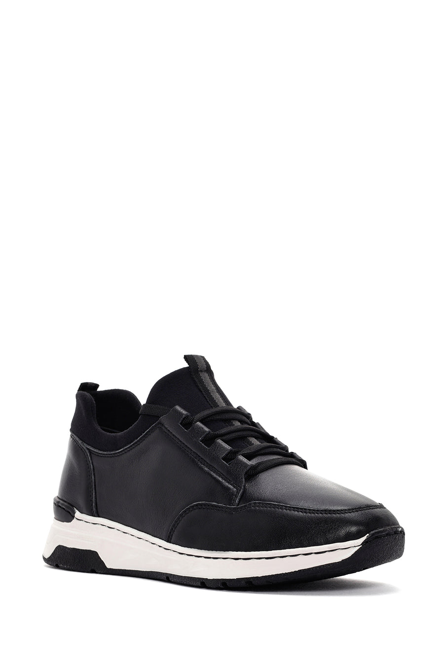 Women's Black Lace-up Thick-Sole Leather Sneaker
