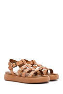 Women's Tan Ankle Strap Thick Soled Leather Sandals | Derimod