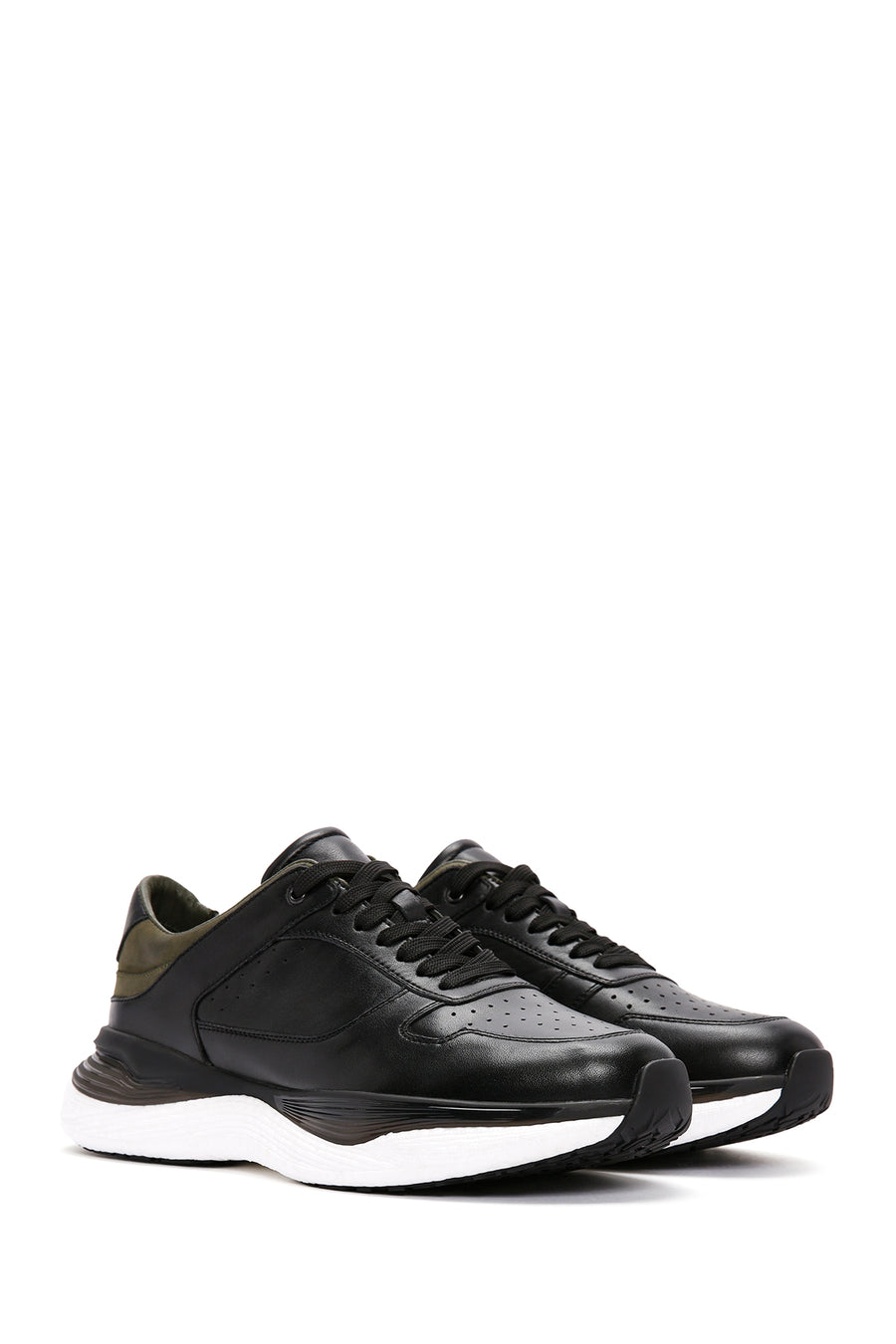 Men's Black Lace-up Thick-Sole Leather Casual Sneaker