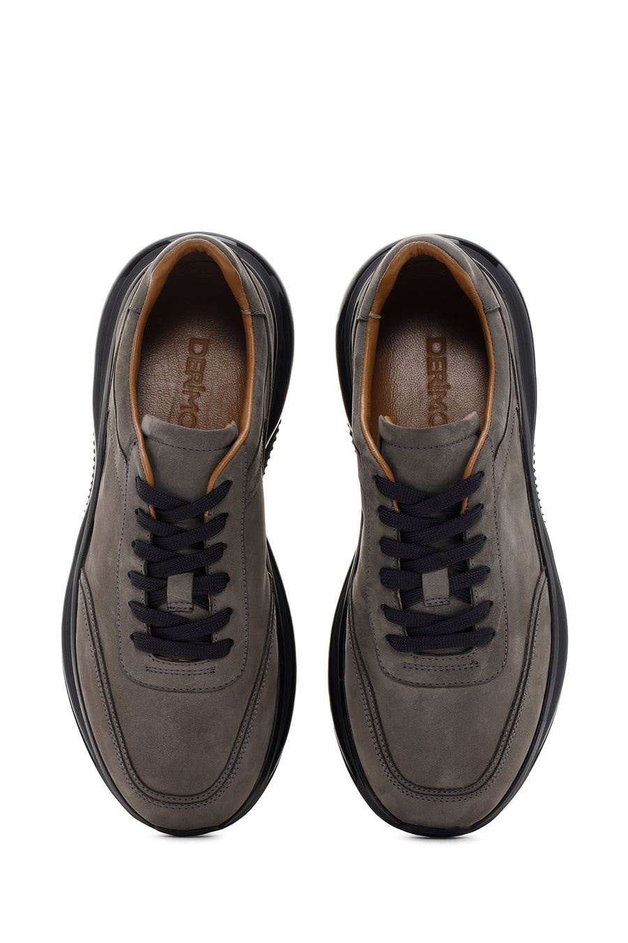 Erkek Siyah Koyu Gri Kalın Tabanlı Nubuk Deri Sneaker