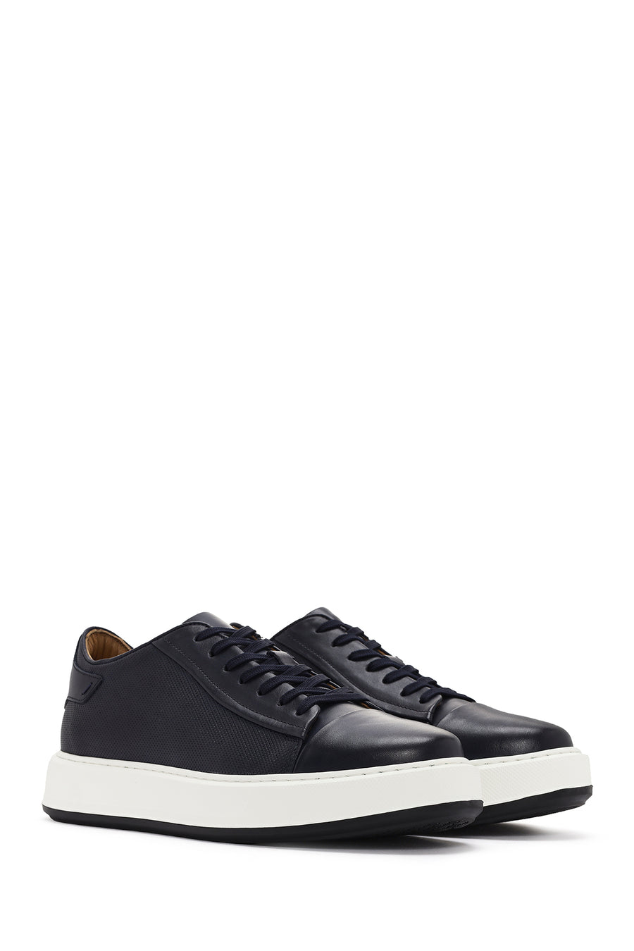 Men's Navy Blue Lace-up Thick-Sole Leather Sneaker