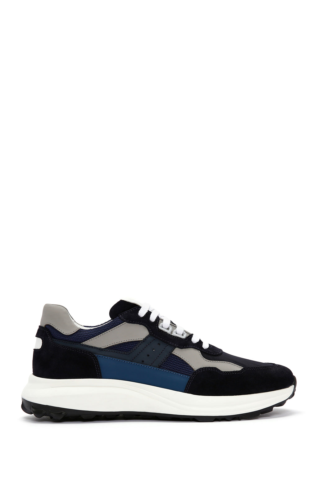 Erkek Lacivert Bağcıklı Kalın Tabanlı Deri Sneaker
