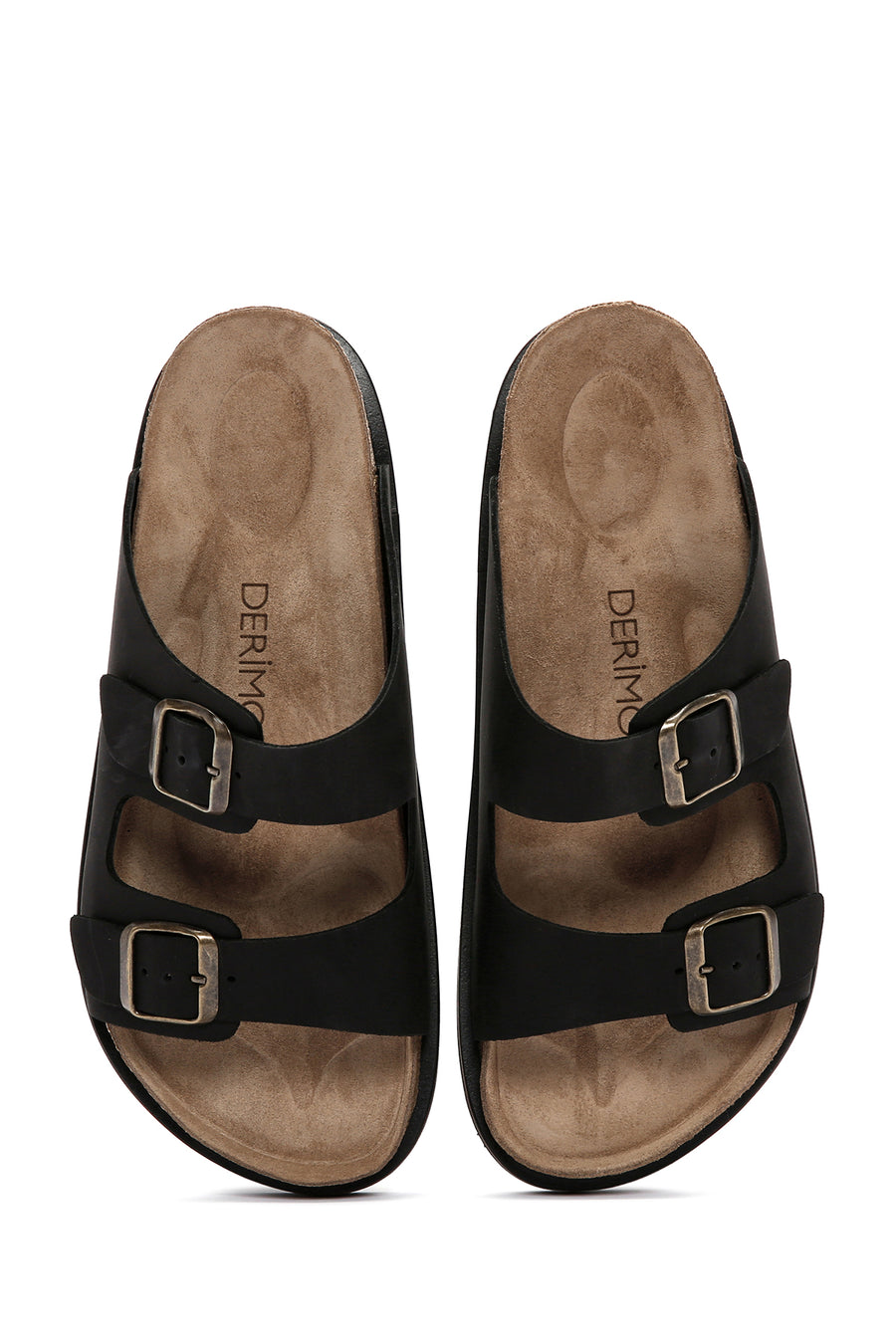 Men's Black Buckle Detailed Nubuck Leather Slippers