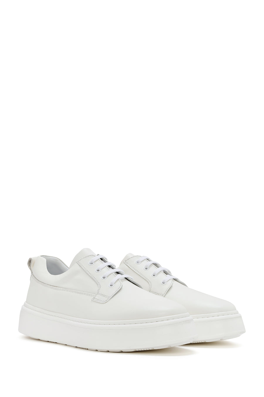 Men's White Lace-up Thick-Sole Leather Sneaker