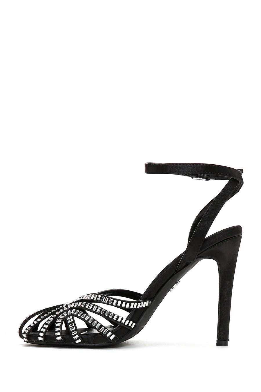 Women's Black Ankle Strap Stone Thin Heel Sandals