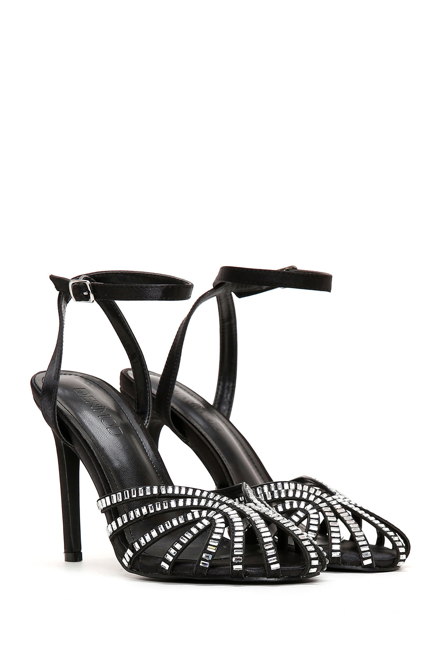 Women's Black Ankle Strap Stone Thin Heel Sandals