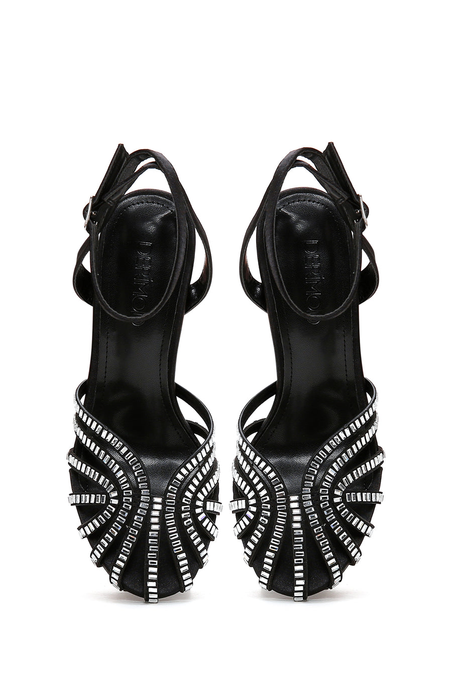 Women's Black Ankle Strap Stone Thin Heel Sandals