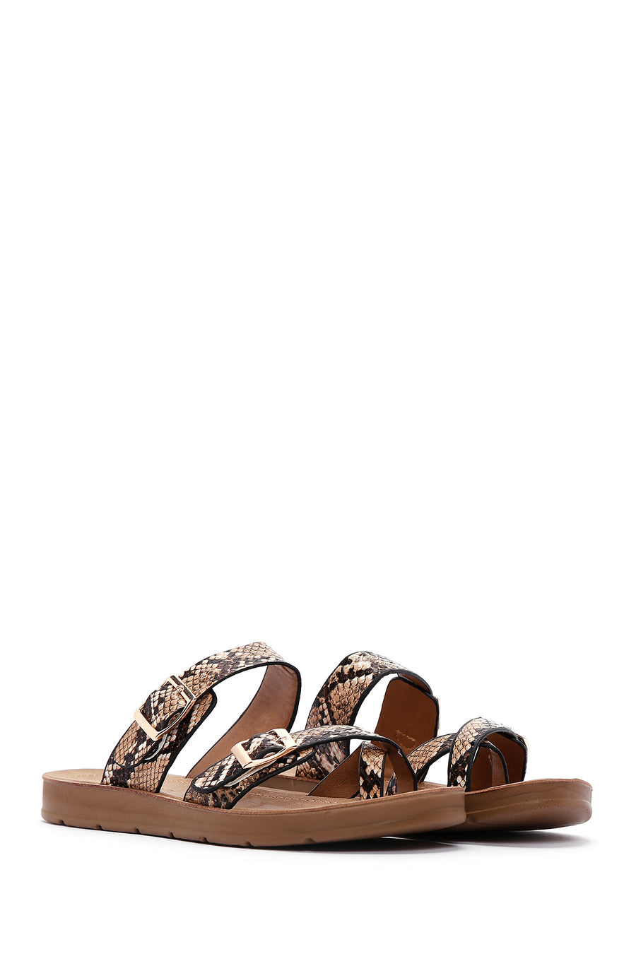 Women's Brown Double Buckle Flip Flops