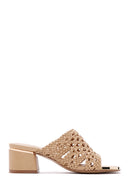 Women's Beige Heeled Woven Patterned Slippers | Derimod