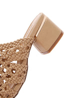 Women's Beige Heeled Woven Patterned Slippers | Derimod