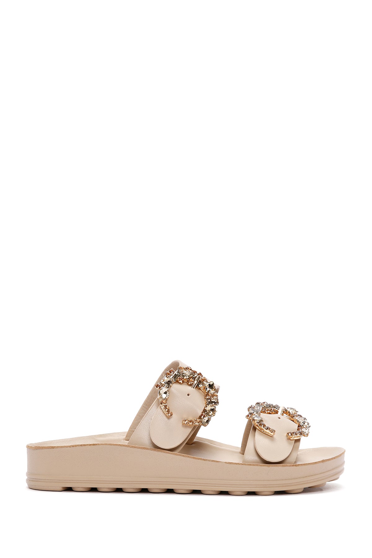 Women's Beige Stone Double Buckle Thick Sole Comfort Slippers 24SFE464118 | Derimod