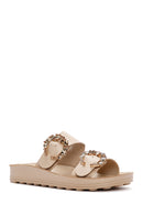 Women's Beige Stone Double Buckle Thick Sole Comfort Slippers | Derimod