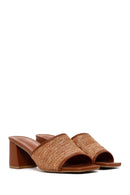 Women's Brown Thick Heeled Straw Slippers | Derimod