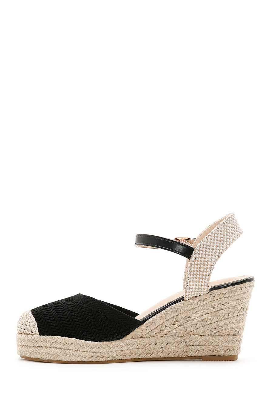 Women's Black Ankle Strap Wedge Heeled Espadrille