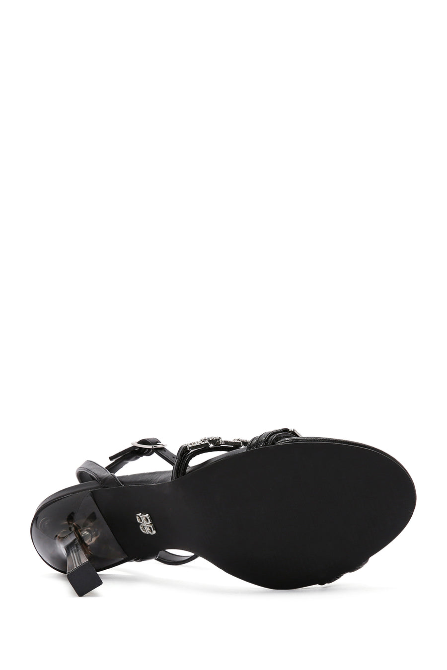 Women's Black Ankle Strap Stone Thin Heel Sandals