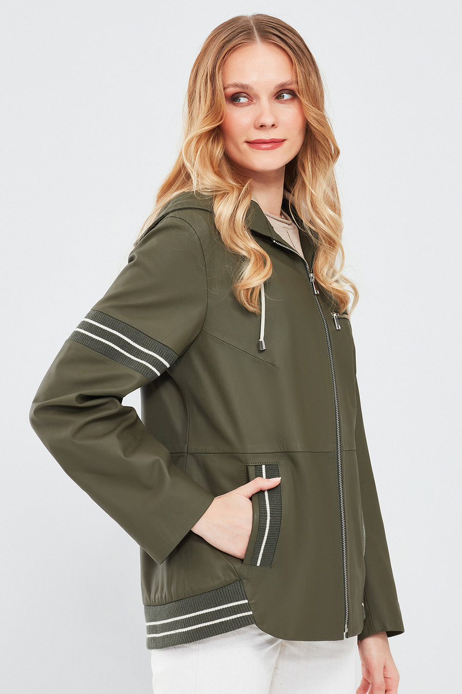 Halley Women's Khaki Hooded Oversize Leather Coat