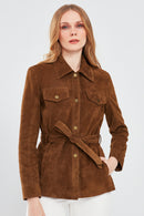 Margo Women's Brown Shirt Collar Suede Leather Jacket | Derimod