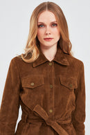 Margo Women's Brown Shirt Collar Suede Leather Jacket | Derimod