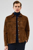 Enzo Men's Brown Shirt Collar Suede Leather Coat | Derimod