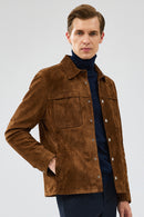 Enzo Men's Brown Shirt Collar Suede Leather Coat | Derimod