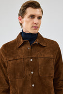 Enzo Men's Brown Shirt Collar Suede Leather Coat | Derimod