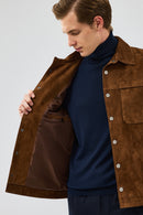 Enzo Men's Brown Shirt Collar Suede Leather Coat | Derimod