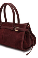 Women's Claret Red Long Strap Suede Leather Handbag | Derimod