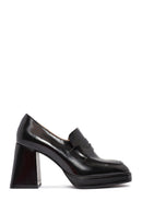 Woman Black Chunky Heels Leather Loafer | Derimod