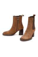 Women's Tan Thick Heeled Suede Leather Chelsea Boots | Derimod