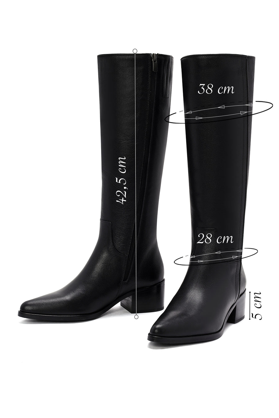 Women's Black Zippered Thick Heel Leather Boots