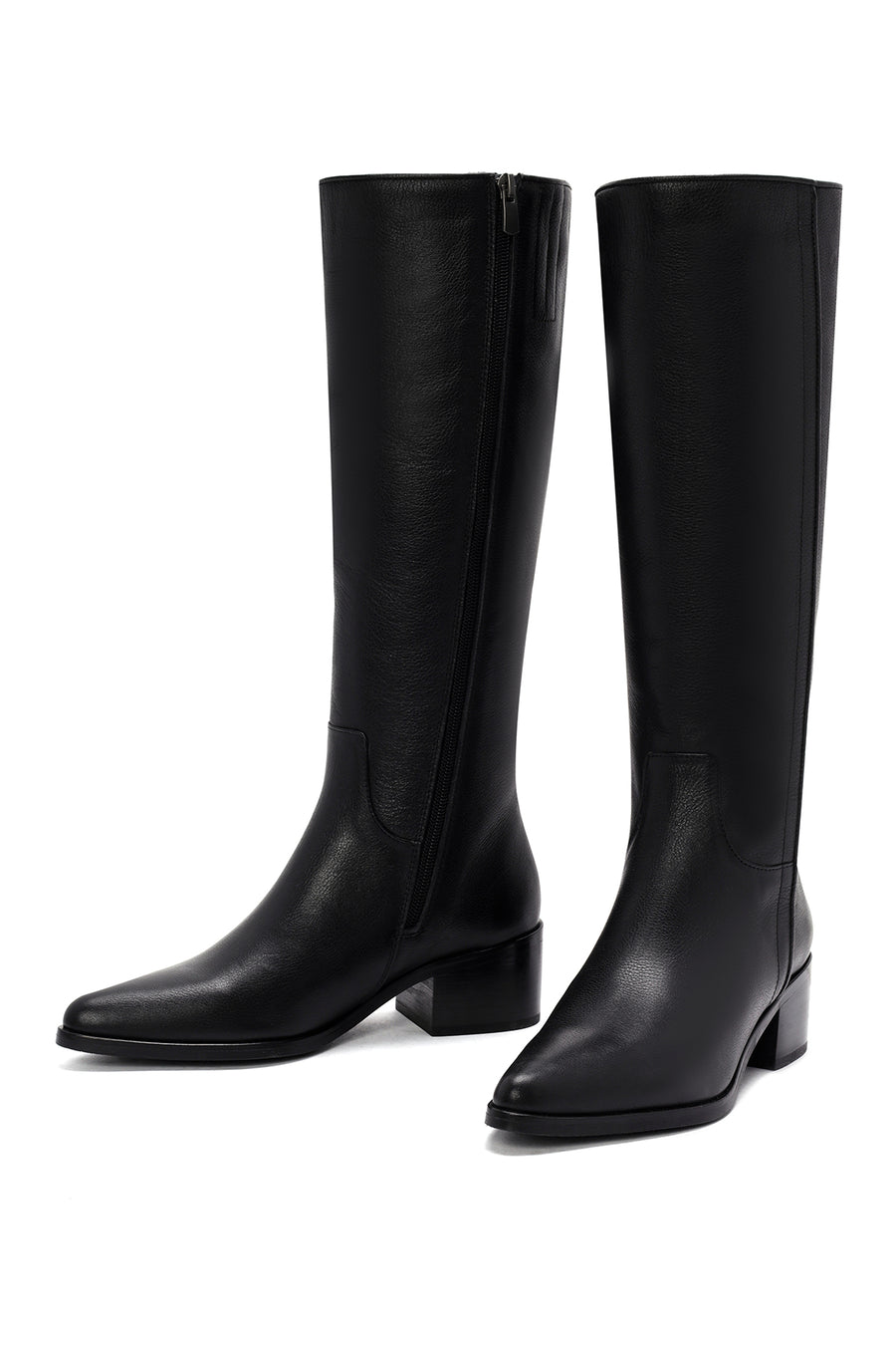 Women's Black Zippered Thick Heel Leather Boots