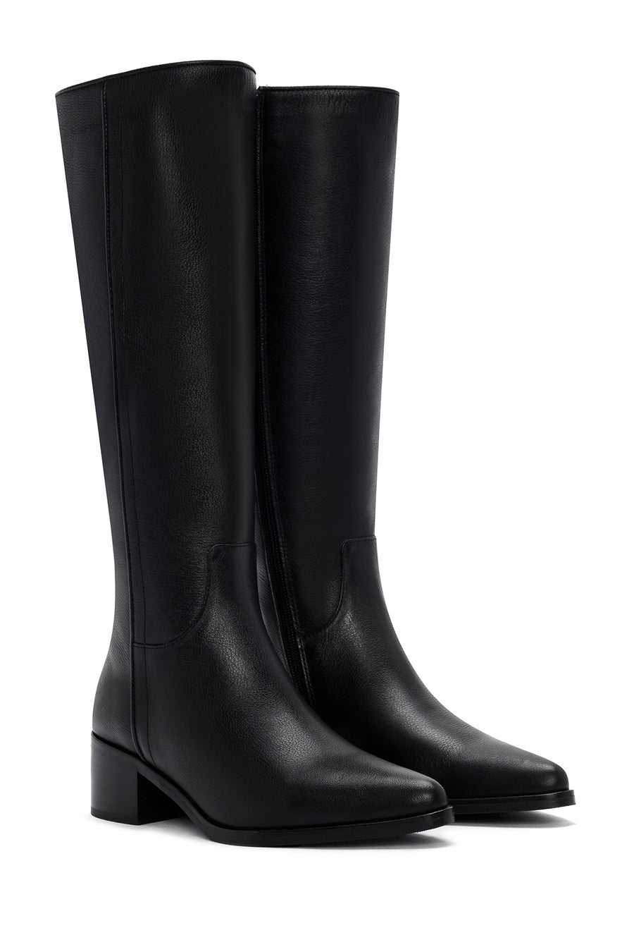 Women's Black Zippered Thick Heel Leather Boots