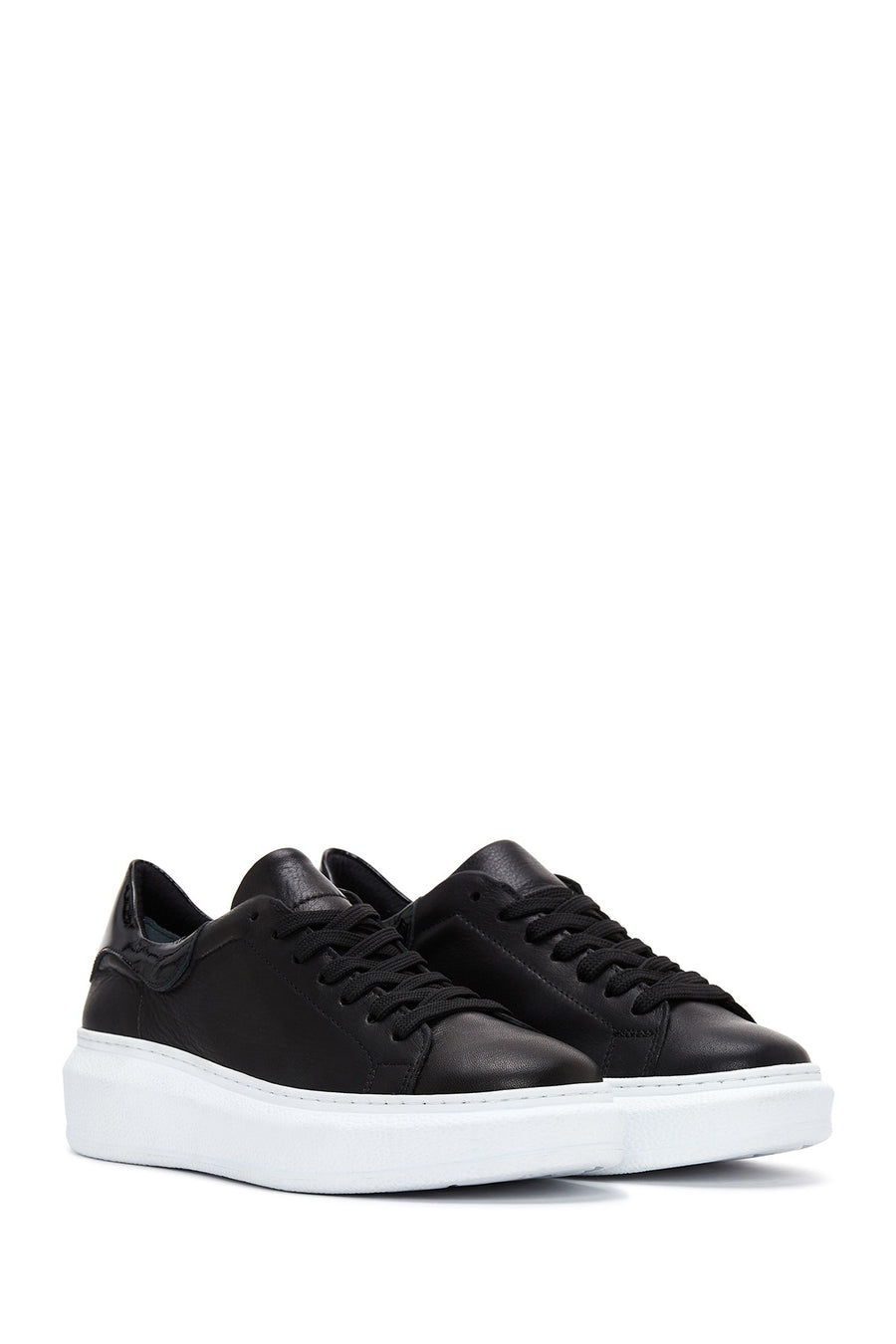 Women's Black Lace-Up Chunky Sole Leather Sneakers