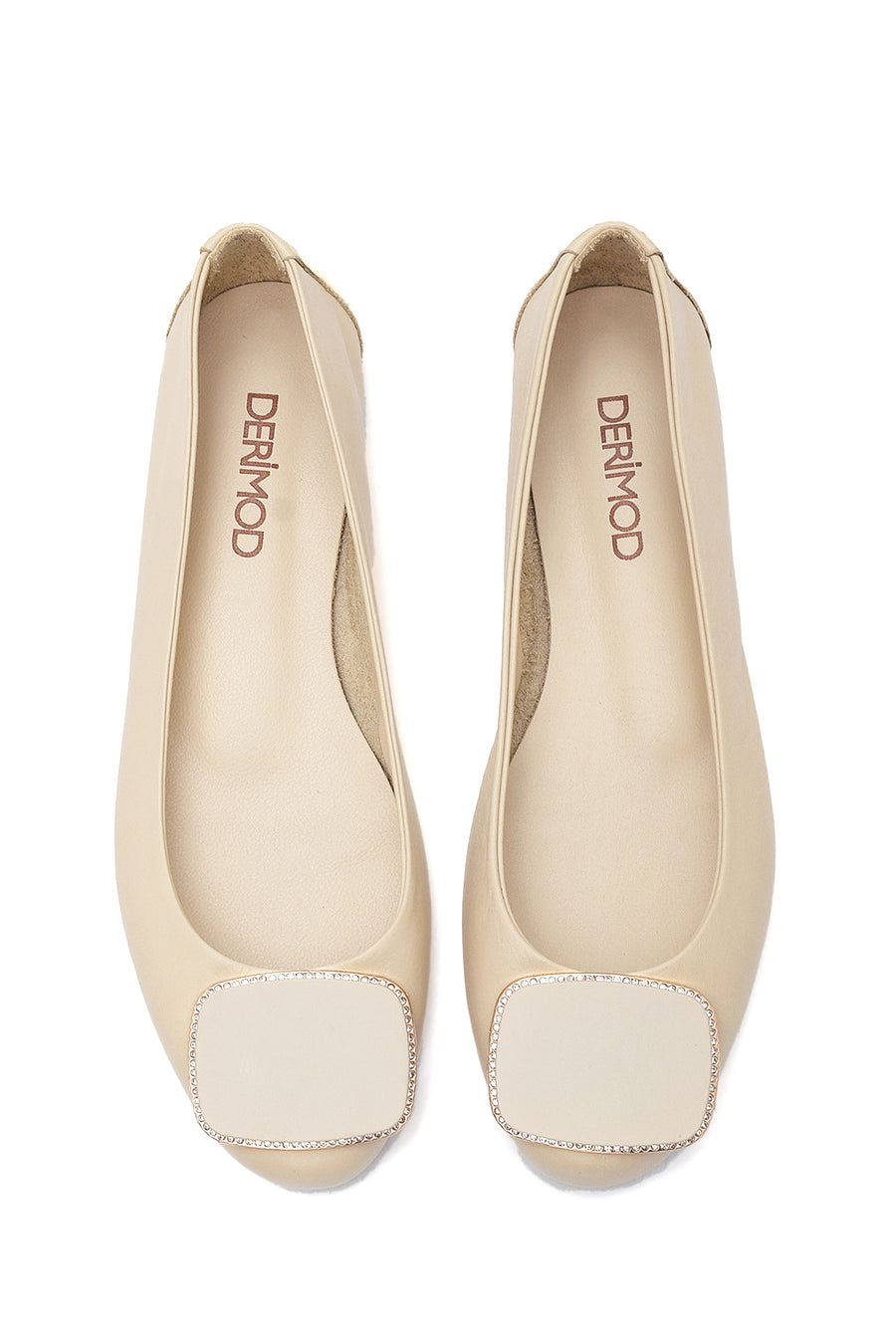 Women's Beige Leather Buckled Ballerinas
