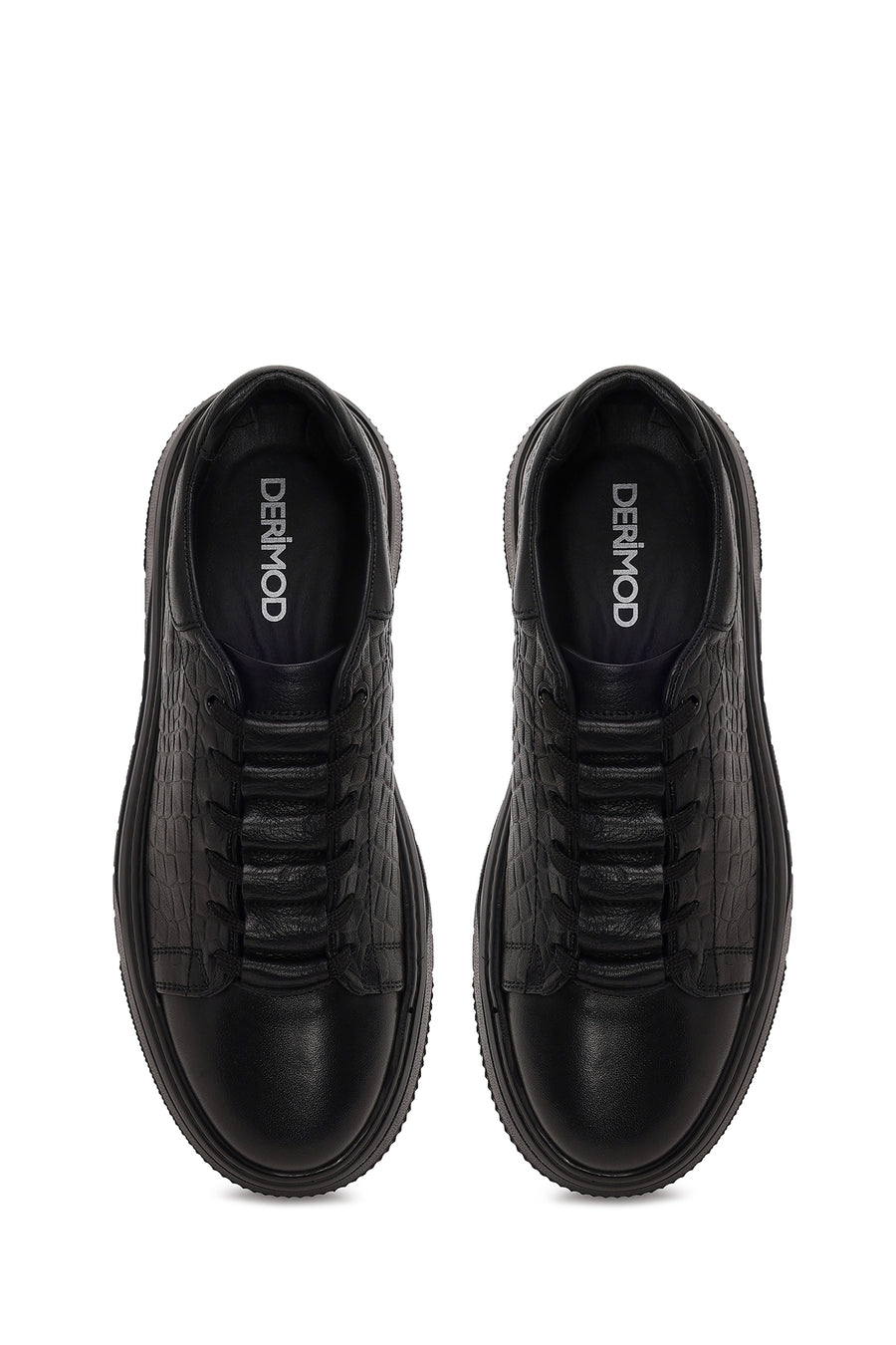 Male Black Lace-up Thick-soled Croc-patterned Leather Sneaker