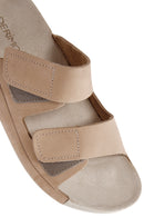 Women's Beige Double-Strap Nubuck Leather Comfort Slippers | Derimod