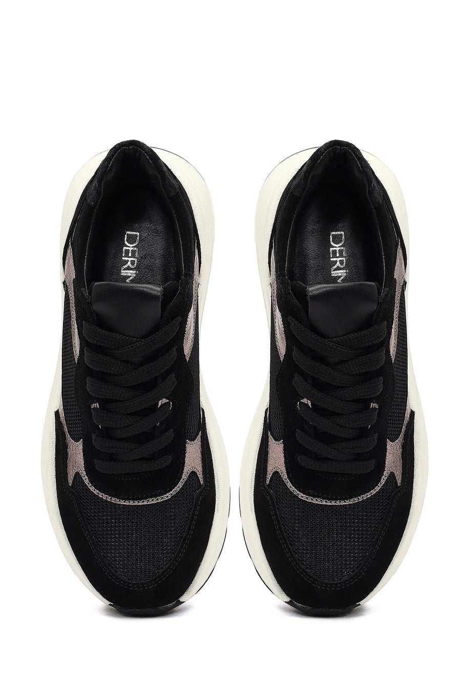 Women's Black Lace-Up Thick-Soled Leather Sneaker