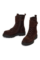 Woman Brown Lace-Up Zip Closure Suede Combat Boots | Derimod