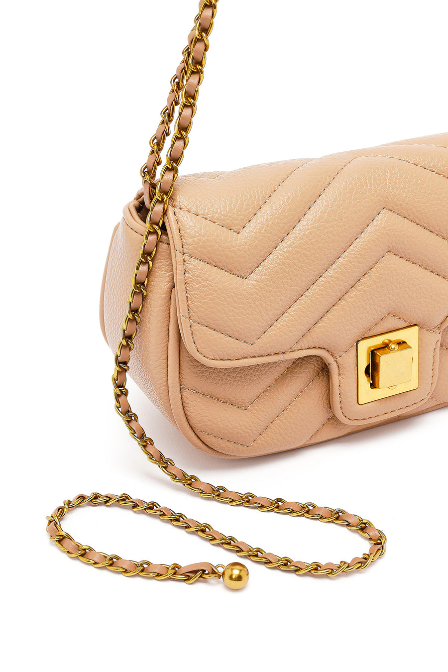 Woman Beige Long Strap Quilted Mini Crossbody Bag