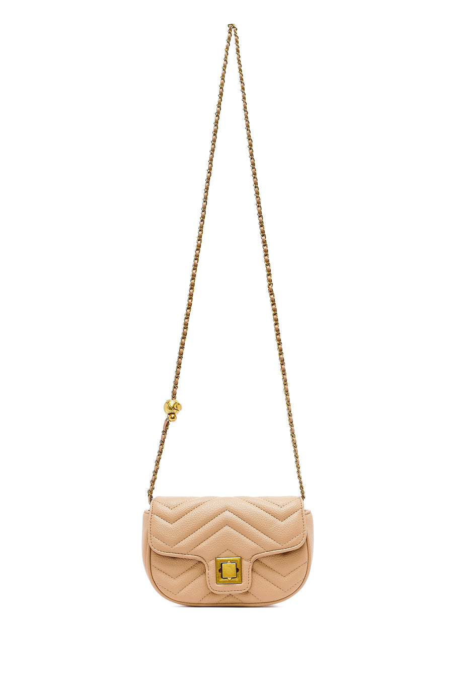 Woman Beige Long Strap Quilted Mini Crossbody Bag