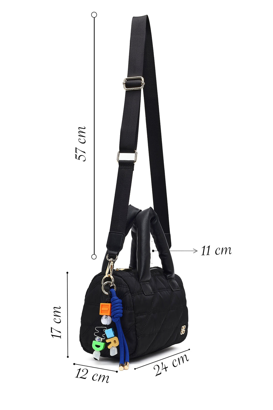 Women's Black Long Strap Charm Fabric Shoulder Bag