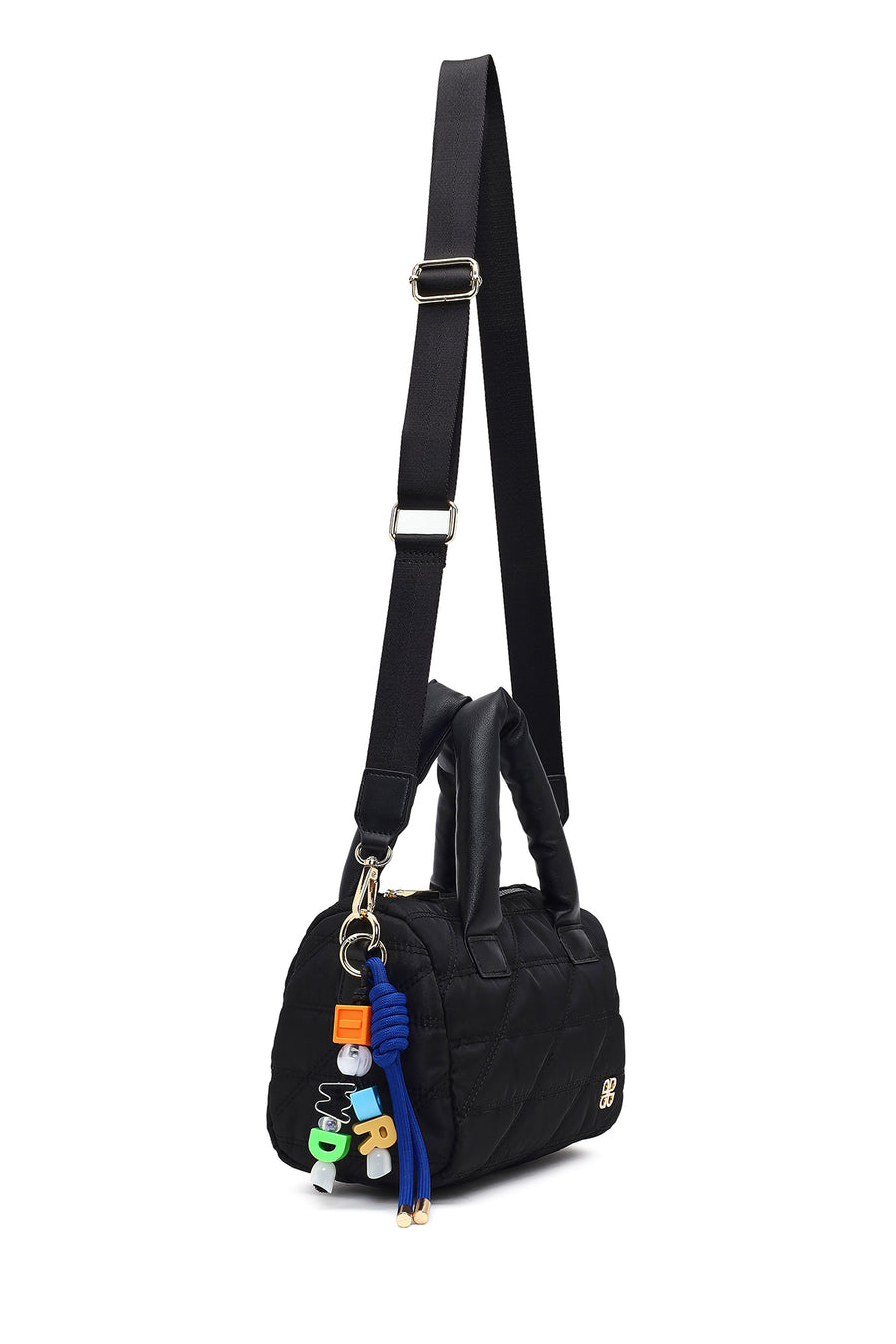 Women's Black Long Strap Charm Fabric Shoulder Bag