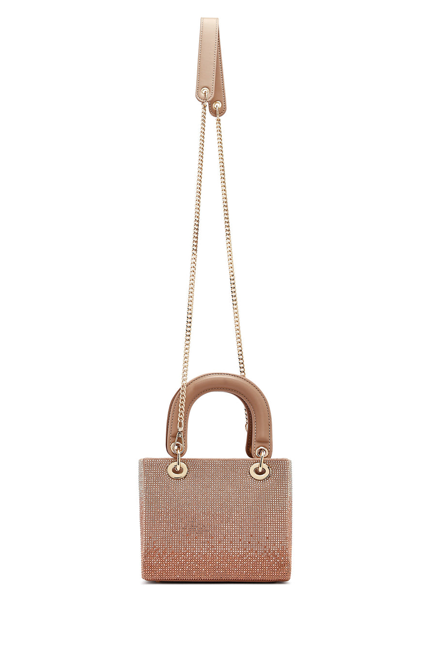 Woman Beige Long Strap Stoned Mini Evening Bag