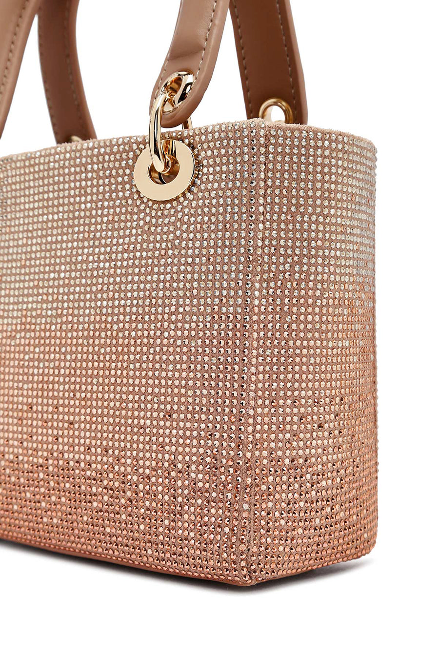 Woman Beige Long Strap Stoned Mini Evening Bag