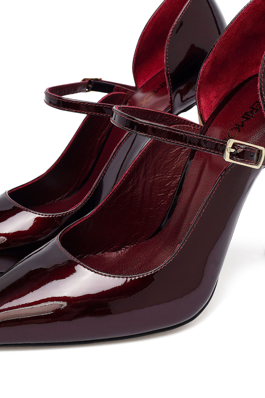 Woman Burgundy Buckled High Thin Heel Patent Leather Leather Shoe