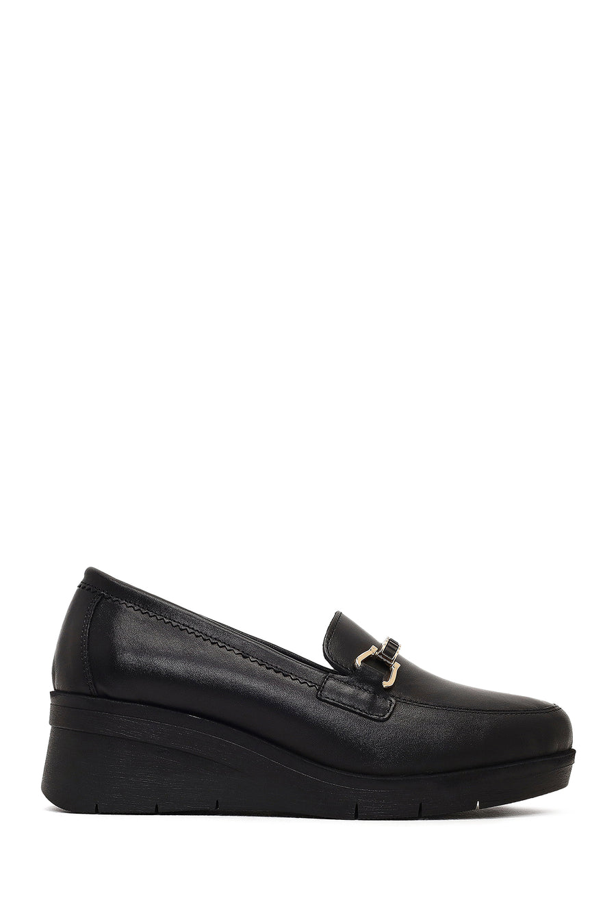 Kadın Siyah Tokalı Dolgu Topuklu Deri Comfort Loafer 25AFD154318 | Derimod